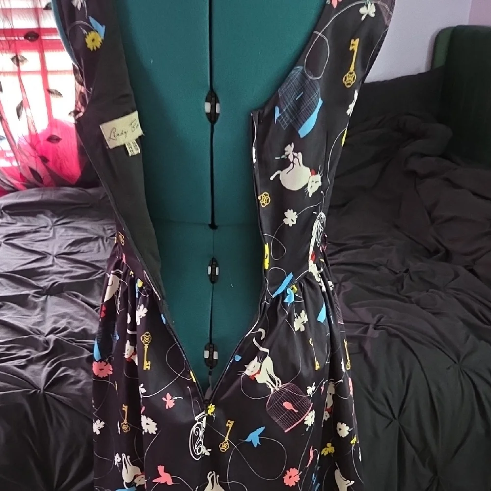Lindy Bop Black Whimsical Cat Print Midi Dress